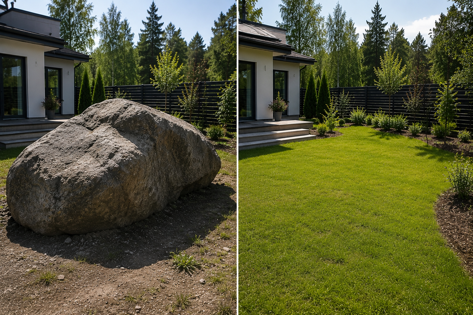 Piha ennen suuren kiven poistamista ja siisti nurmialue työn jälkeen