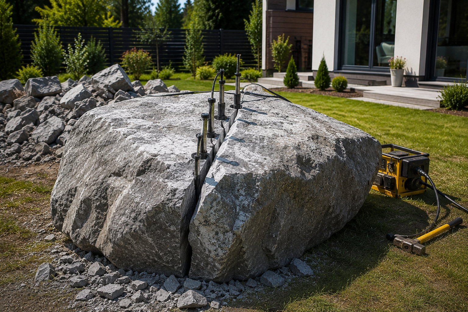Suuren graniittikiven hallittu rikotus hydraulisilla kiiloilla