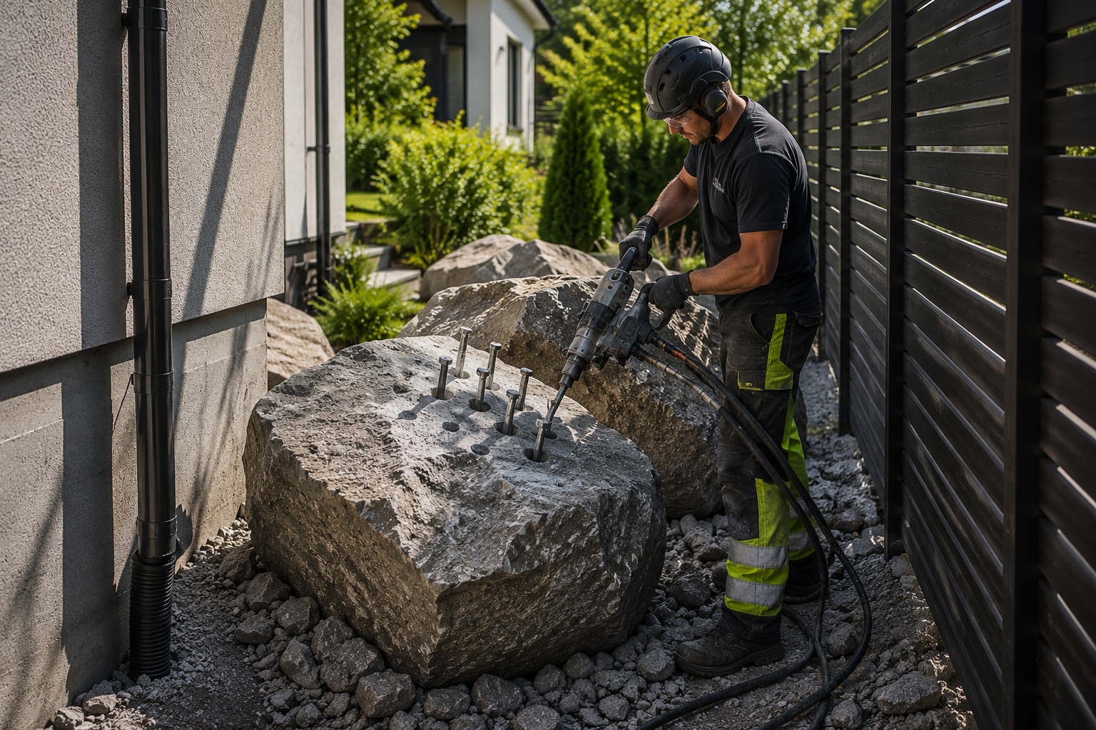 Splitting a large rock in a tight space between a house and a fence